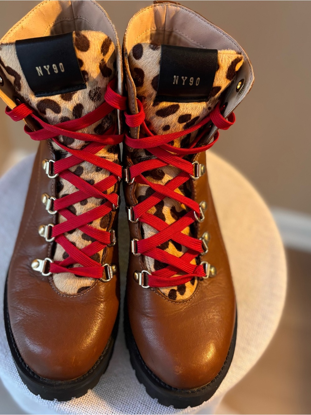 Steve Madden NY90 Brown Leather Combat Hiking Boots Leopard Print Red Laces 8M